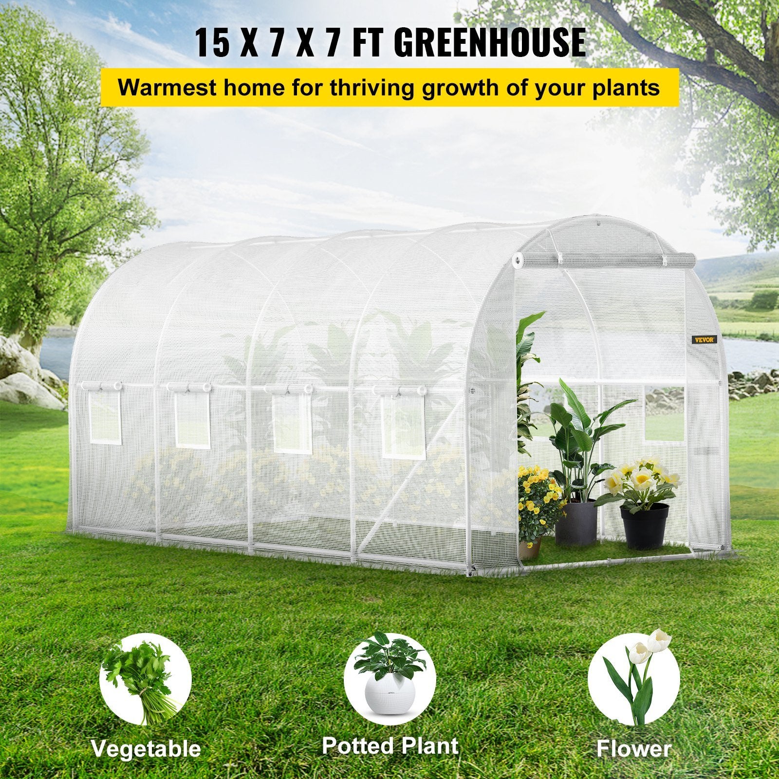 VEVOR Walk-in Tunnel Greenhouse, 15 x 7 x 7 ft Portable Plant Hot House w/ Galvanized Steel Hoops, 1 Top Beam, Diagonal Poles, Zippered Door & 8 Roll-up Windows, White