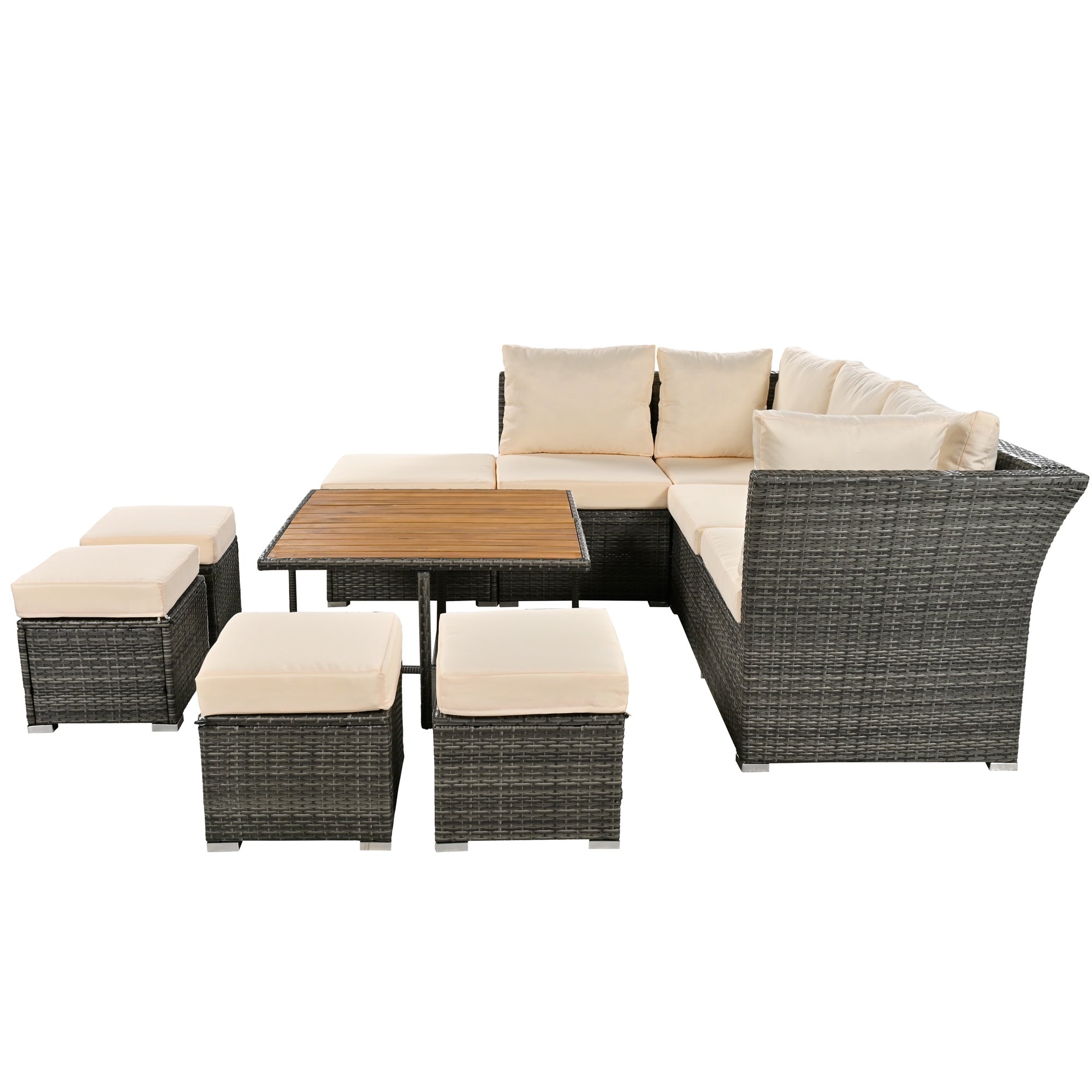 U_STYLE Patio Furniture Set, 10 Piece Outdoor Conversation Set, CoffeeTable with Ottomans, Solid wood coffee table