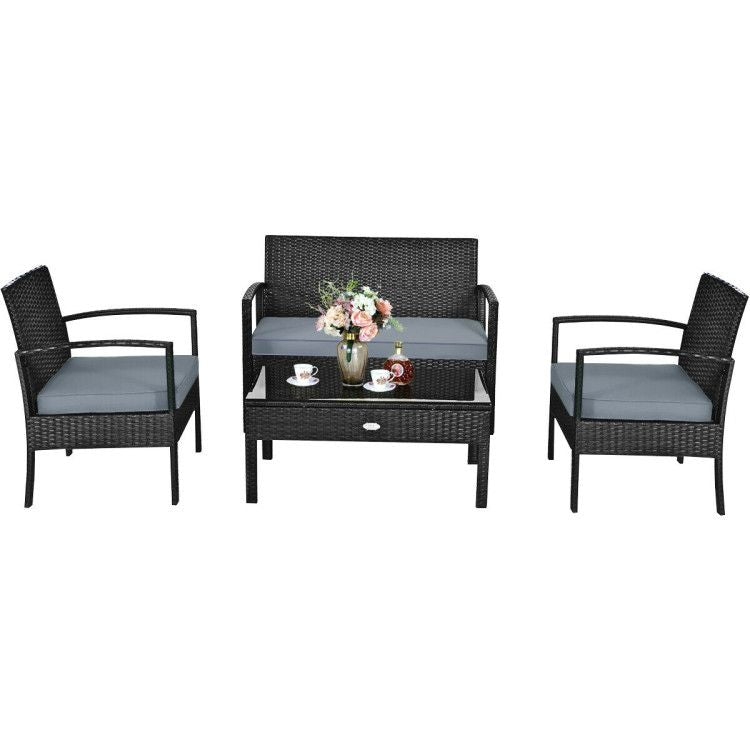 4 Pieces Patio Rattan Cushioned Furniture Set with Loveseat and Table Outdoor Conversation Sets