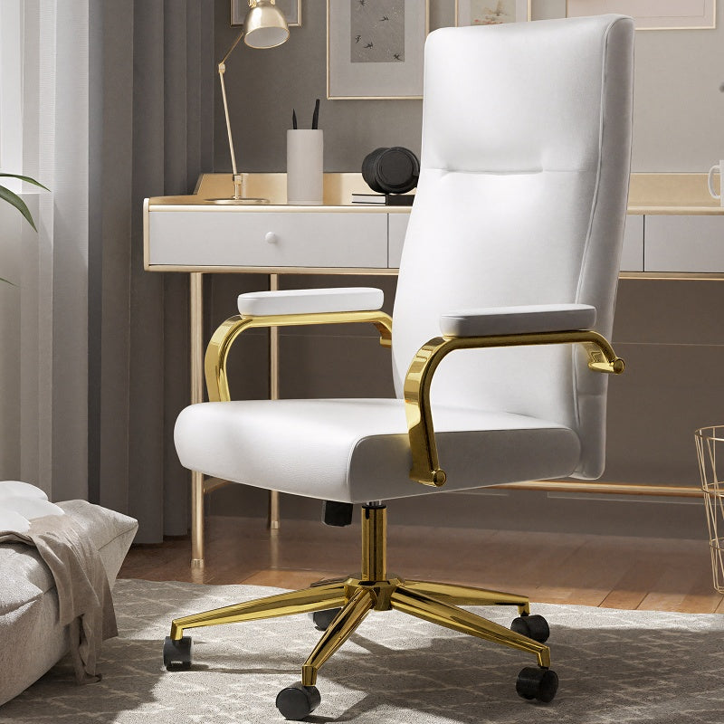 Executive Office Chair For Women And Adults White Leather High Back With Gold Arms And Wheels Excellent Back Support