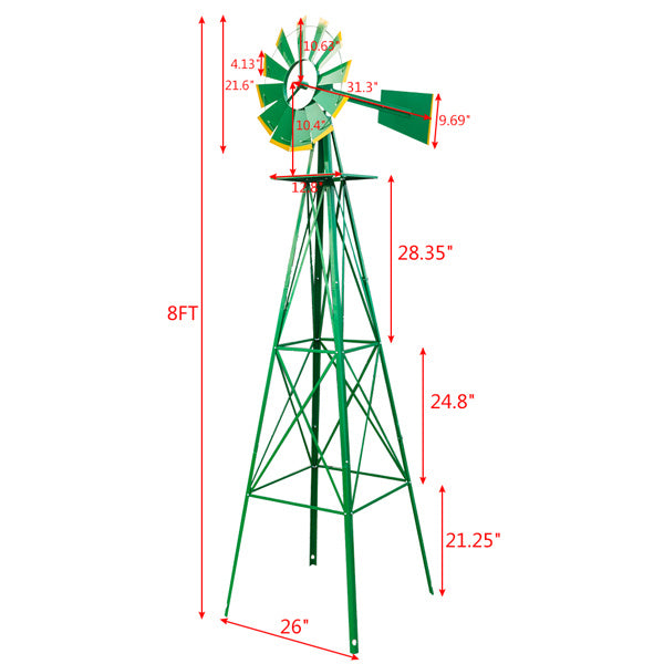 8FT Weather Resistant Yard Garden Windmill Green