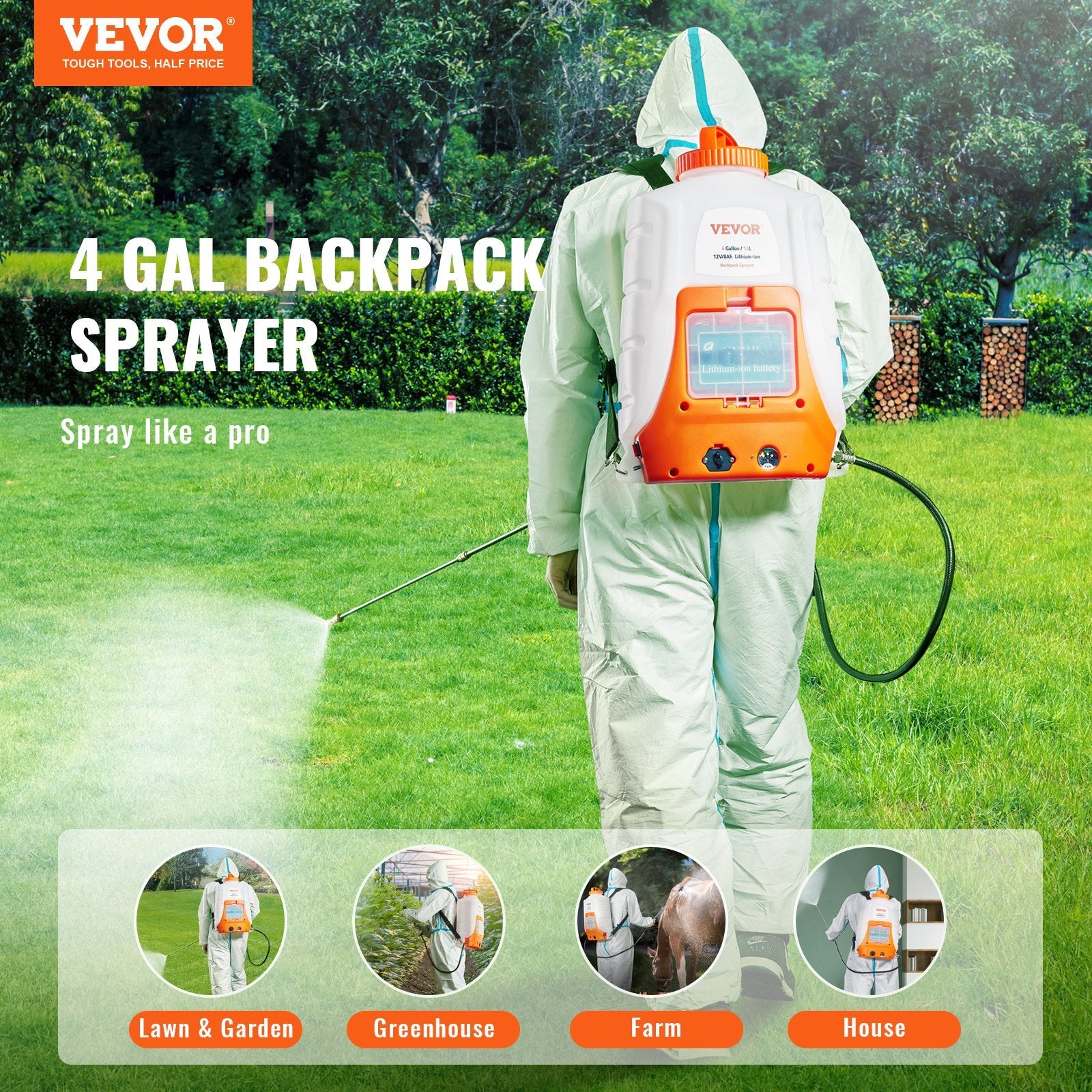 VEVOR Battery Powered Backpack Sprayer ; 4 Gal Tank; 0-90 PSI Adjustable Pressure; Back Pack Sprayer with 8 Nozzles and 2 Wands; 12V 8Ah Battery; Wide Mouth Lid for Weeding; Spraying; Cleaning