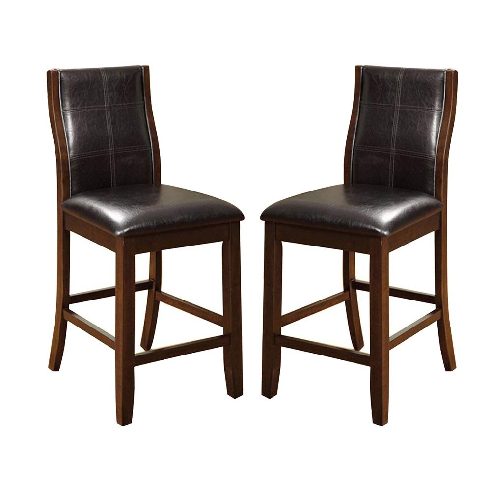 Transitional Dining Room Counter Height Chairs Set of 2pc High Chairs only Brown Cherry Unique Curved Back Espresso Leatherette Padded Seat