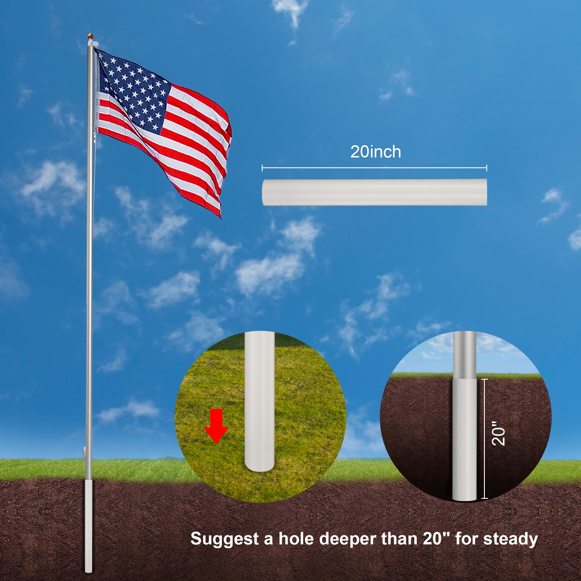 30ft Sectional Al Flag Pole w/US Flag Ball