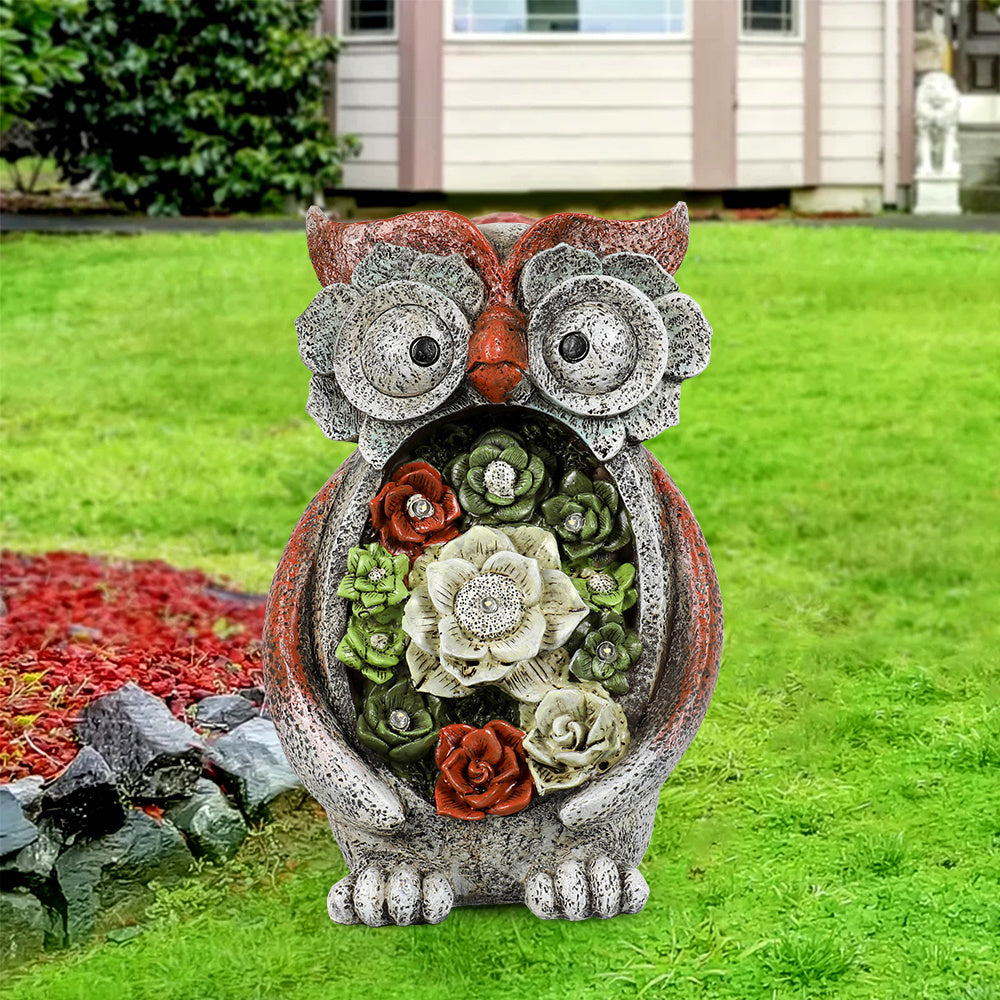 Garden Statue Owl Figurines,Solar Powered Resin Animal Sculpture with 5 Led Lights for Patio,Lawn, Garden Decor