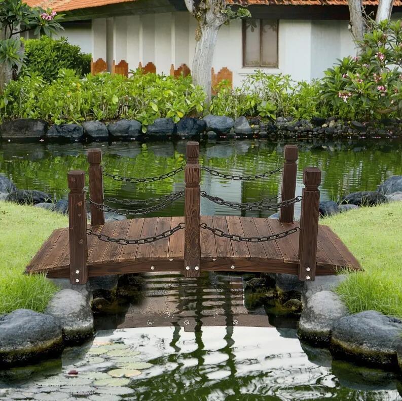 Wooden Garden Bridge Arc Stained Finish Walkway with Metal Chain Railings