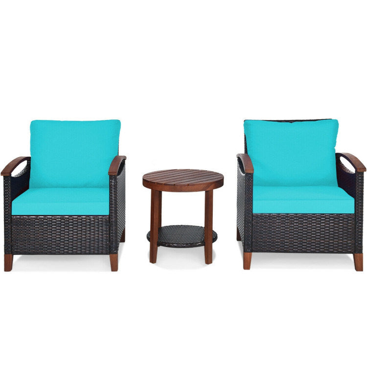 3 Pieces Patio Rattan Furniture Set with Washable Cushion and Acacia Wood Tabletop