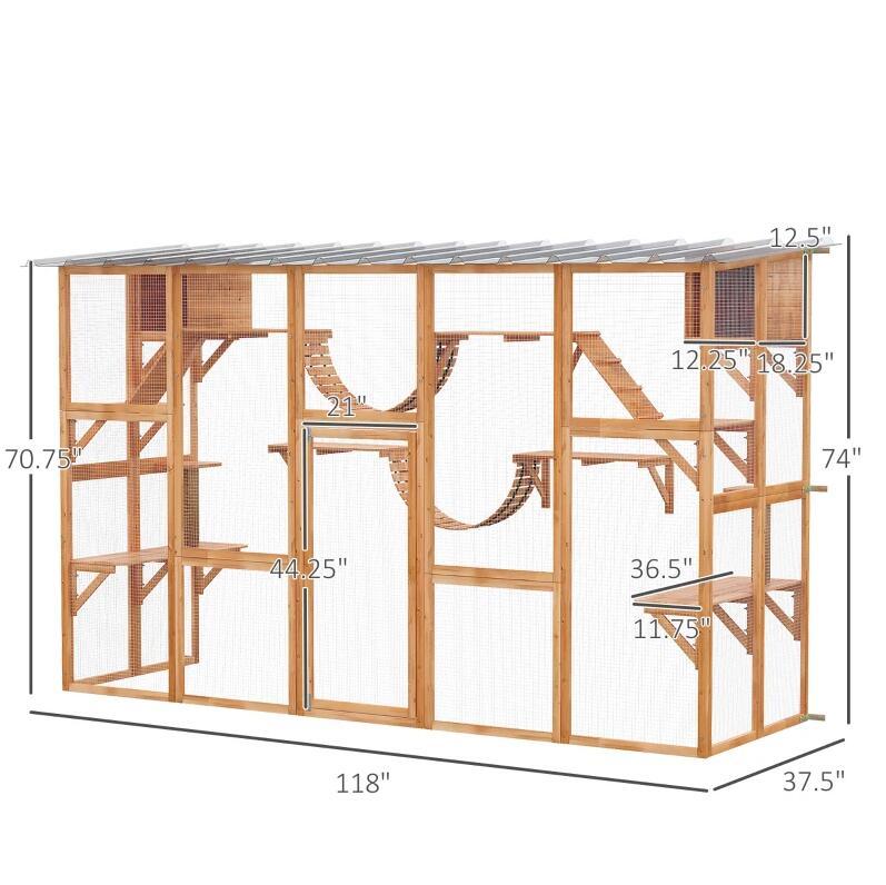 Catio Playground Cat Window Box Outside Enclosure, Wooden Outdoor Cat House with Weather Protection Roof for Multiple Kitties, Cat Shelter Kitten Playpen with Shelves & Bridges