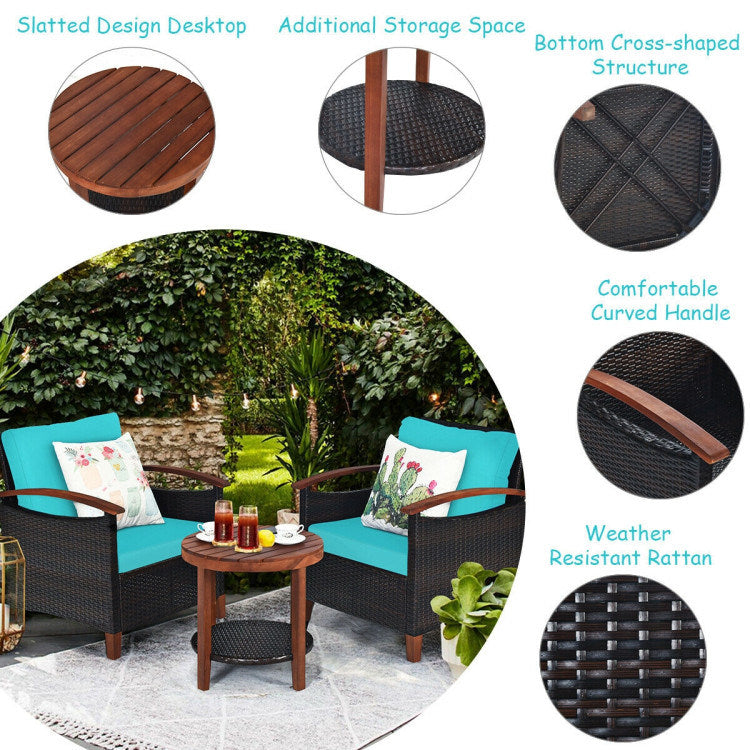 3 Pieces Patio Rattan Furniture Set with Washable Cushion and Acacia Wood Tabletop