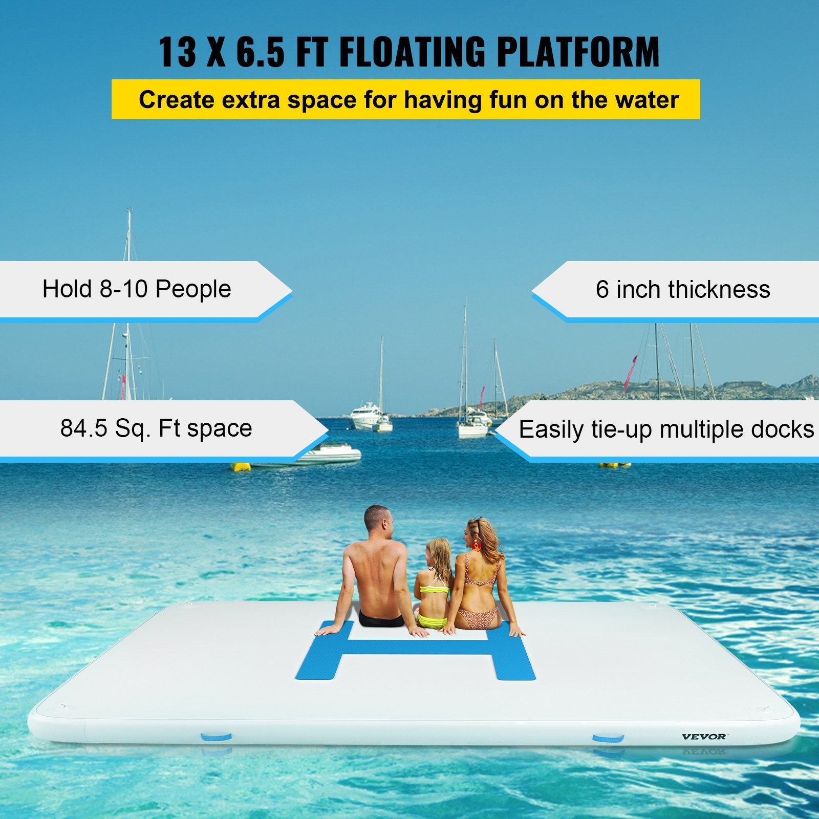 VEVOR 13'x6.5'x6' Inflatable Dock Platform, 8 to 10 Person Inflatable Floating Dock, Floating Platform with Electric Air Pump & Hand Pump for Pool Beach Ocean Lake Float for Adults