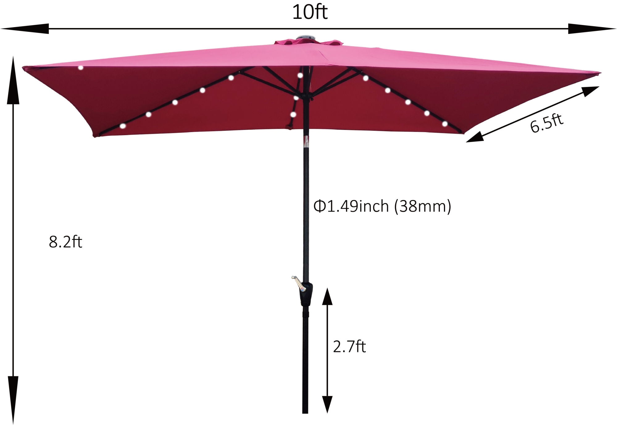 10 x 6.5t Rectangular Patio Solar LED Lighted Outdoor Umbrella with Crank and Push Button Tilt for Garden Backyard Pool Swimming Pool Burgundy RT