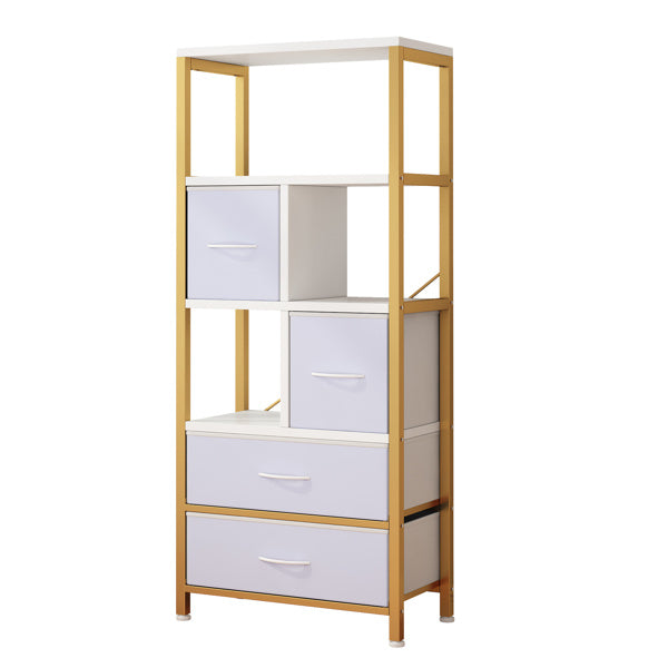 5 layers with 4 drawers bookshelf particle board iron frame non-woven fabric 60*30*147cm gold frame white plate