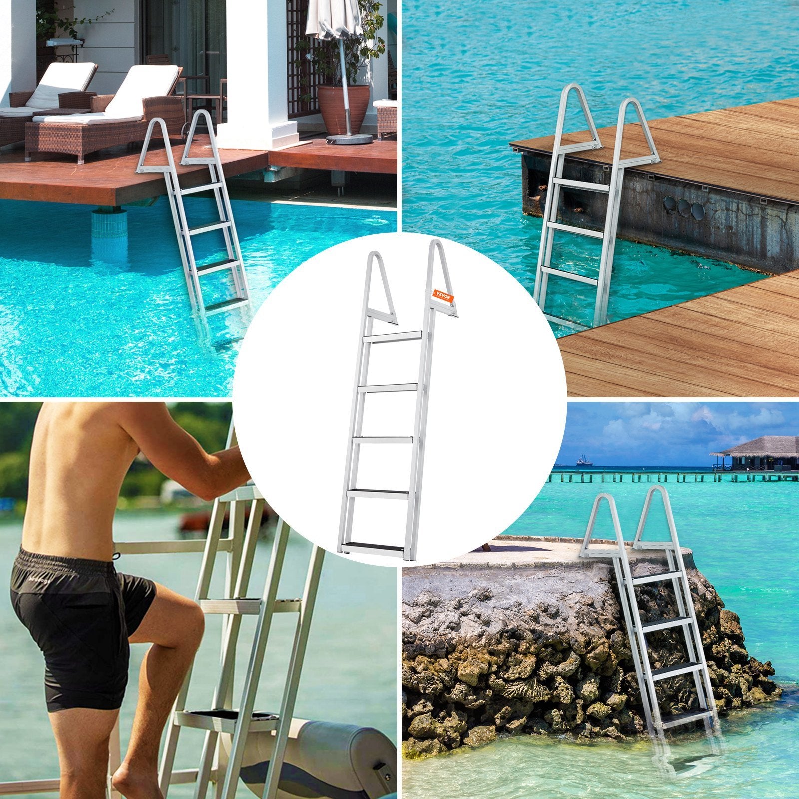 VEVOR Dock Ladder, Removable Steps, 350 lbs Load Capacity, Aluminum Alloy Pontoon Boat Ladder with 4'' Wide Step & Nonslip Rubber Mat, Easy to Install for Ship/Lake/Pool/Marine Boarding