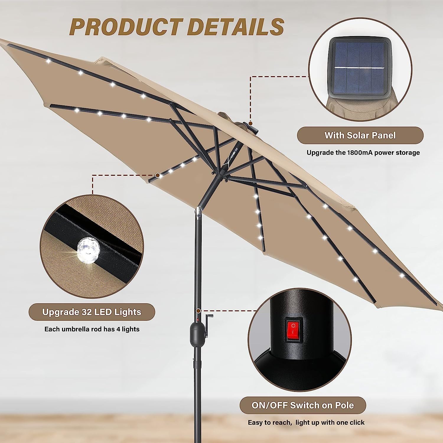 9' Solar Umbrella 32 LED Lighted Patio Umbrella Table Market Umbrella with Push Button Tilt/Crank Outdoor Umbrella for Garden, Deck, Backyard and Pool, Tan