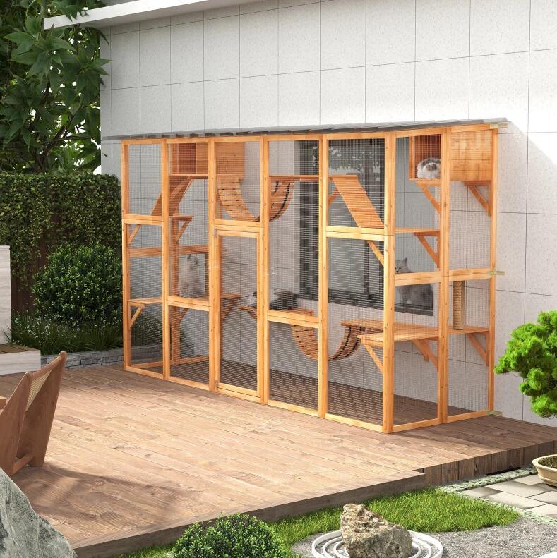 Catio Playground Cat Window Box Outside Enclosure, Wooden Outdoor Cat House with Weather Protection Roof for Multiple Kitties, Cat Shelter Kitten Playpen with Shelves & Bridges