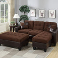 Chocolate Plush Microfiber / Faux Leather 3pcs Reversible Sectional Sofa Chaise w Ottoman Chaise Tufted Couch Lounge Living Room Furniture