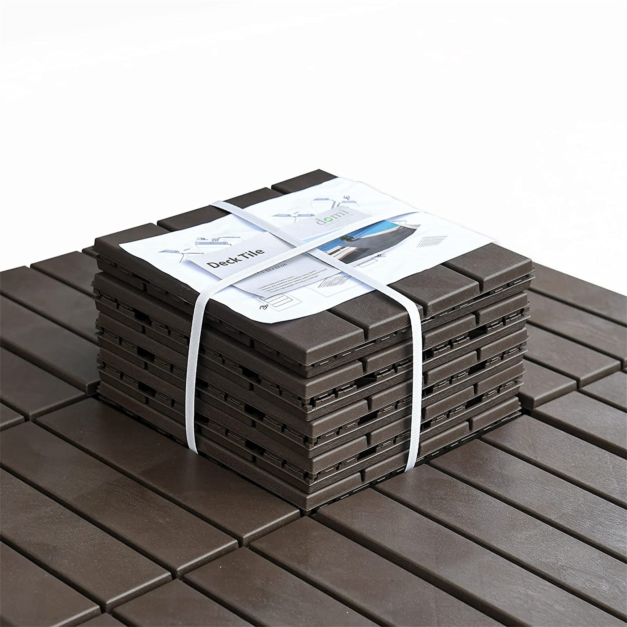 Patio Interlocking Deck Tiles, 12"x12" Square Composite Decking Tiles, Four Slat Plastic Outdoor Flooring Tile All Weather for Balcony Porch Backyard, (Dark Brown, Pack of 27)