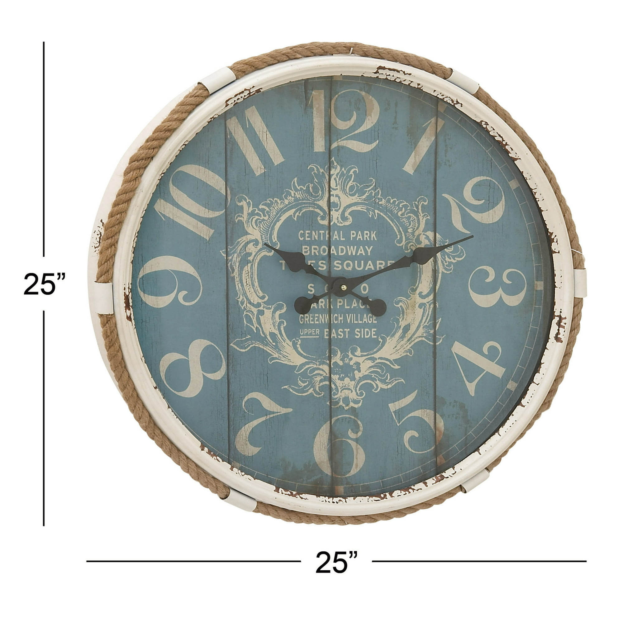 DecMode Coastal Turquoise/White Metal Round Wall Clock with Spade Shaped Clock Hands, 25