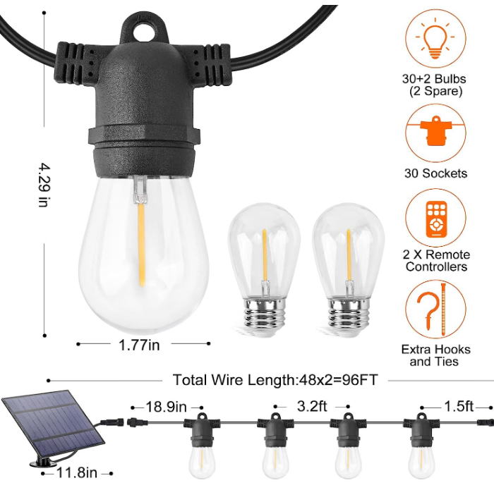 1W, 15m, 15 pc, Outdoor Solar String Light Outdoor String Light with Remote, USB Port, 32 LED Bulbs Solar Patio Solar Light Outside Garden Garden Fence Bistro Loop Wedding Decor-Black