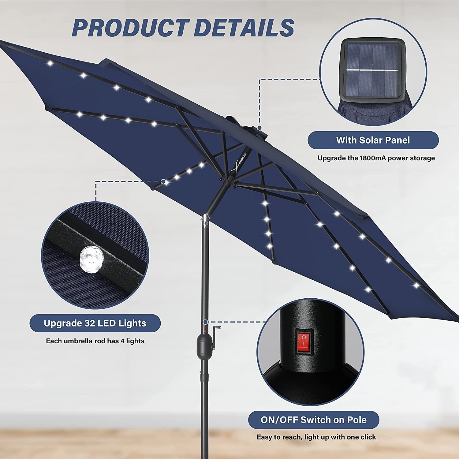 9' Solar Umbrella 32 LED Lighted Patio Umbrella Table Market Umbrella with Push Button Tilt/Crank Outdoor Umbrella for Garden, Deck, Backyard and Pool, Dark Blue