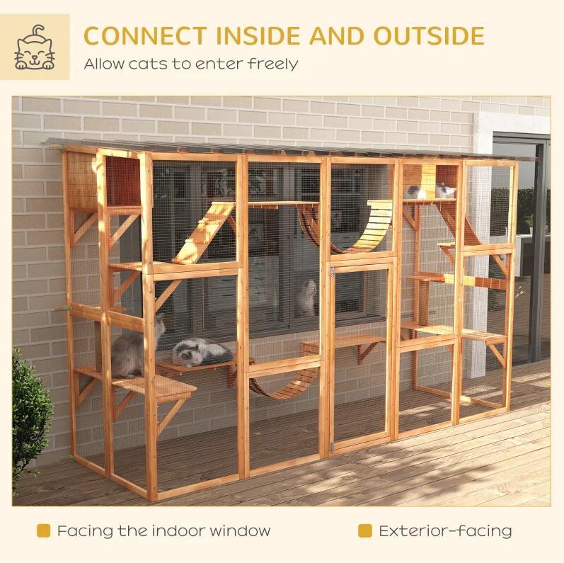 Catio Playground Cat Window Box Outside Enclosure, Wooden Outdoor Cat House with Weather Protection Roof for Multiple Kitties, Cat Shelter Kitten Playpen with Shelves & Bridges