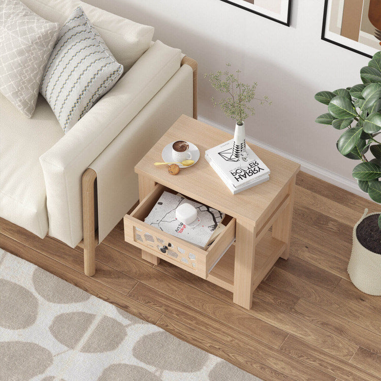 Wood Retro End Table with Mirrored Glass Drawer and Open Storage Shelf