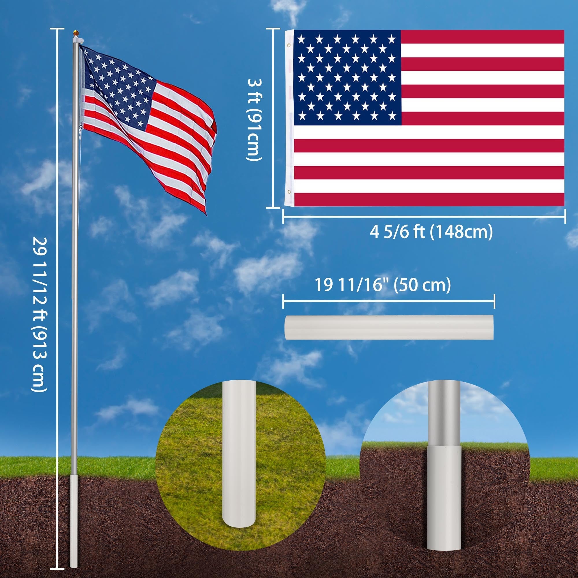 30ft Sectional Al Flag Pole w/US Flag Ball