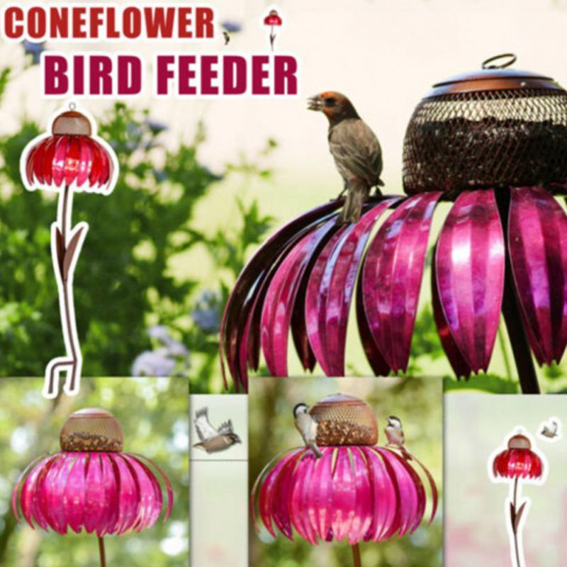 Pink Coneflower Bird Feeder Outdoor Decoration Garden Flower Picaflor Wild Bird Feeder Feeding Outside Rust Resistant Art Metal