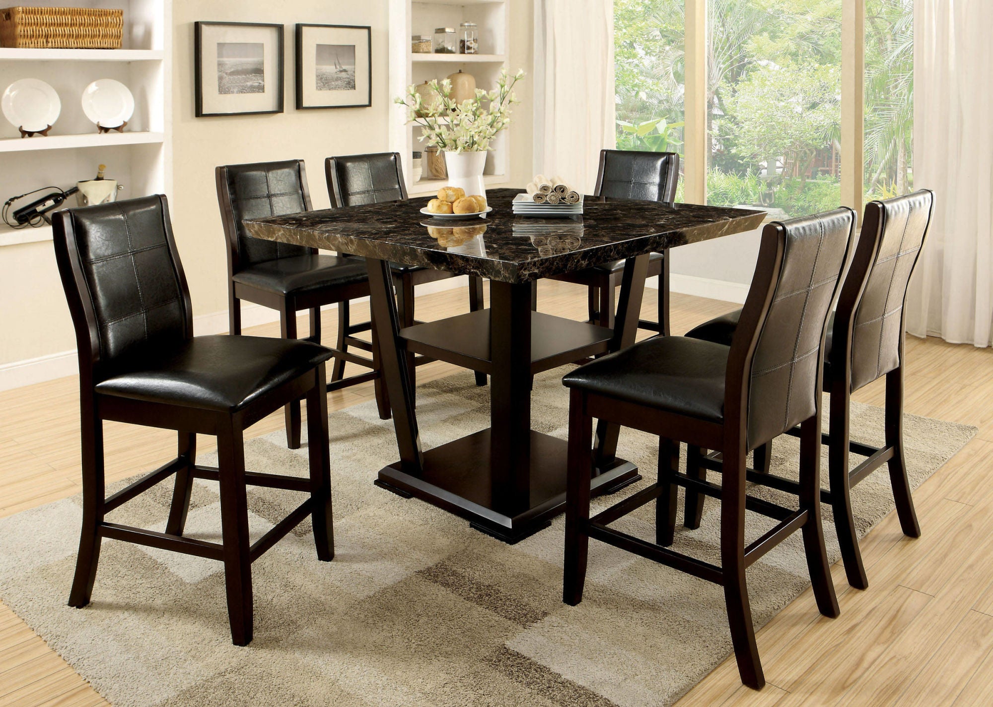 Transitional Dining Room Counter Height Chairs Set of 2pc High Chairs only Brown Cherry Unique Curved Back Espresso Leatherette Padded Seat