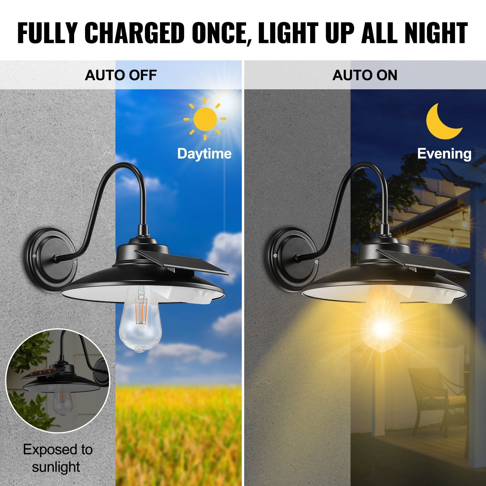 VEVOR Solar Barn Light, 3 Lighting Modes & Motion Sensor, Dusk to Dawn Outdoor Wall Sconces, Exterior Farmhouse Gooseneck Lights, Wall Mount, IP65 Waterproof for Outside Yard Street Garage Shed Patio