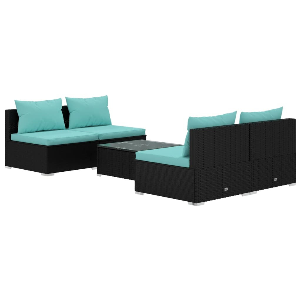 5 Piece Patio Lounge Set with Cushions Poly Rattan Black