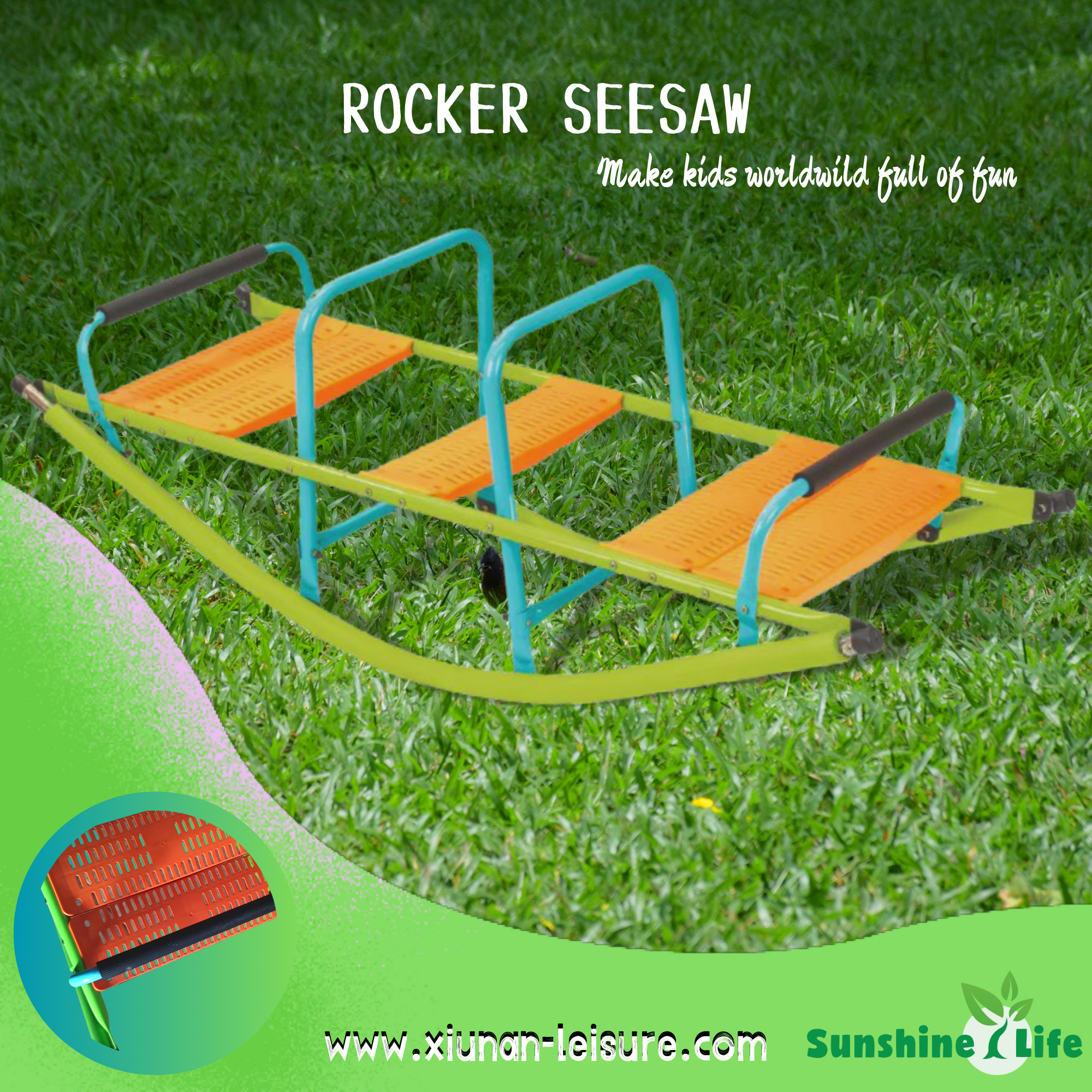 XSS008 high quality kids seesaw plastic seat playground equipment cute baby plastic rocker outdoor children blue and green steel tube for kids age 3+