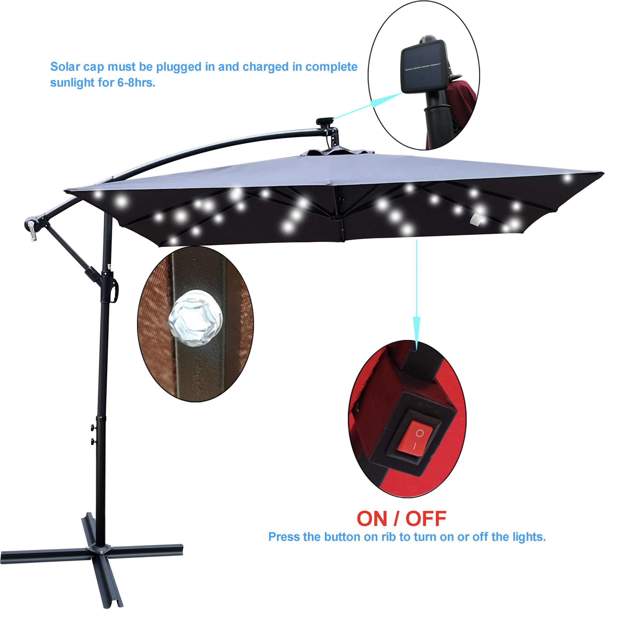 Square 2.5X2.5M Outdoor Patio Umbrella Solar Powered LED Lighted Sun Shade Market Waterproof 8 Ribs Umbrella with Crank and Cross Base for Garden Deck Backyard Pool Shade Outside Deck Swimming Pool