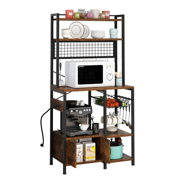 6-layer cabinet with double doors plus 10 S hooks, microwave oven rack, particleboard with triamine paste, 80*40*170cm, retro brown plate, black iron parts