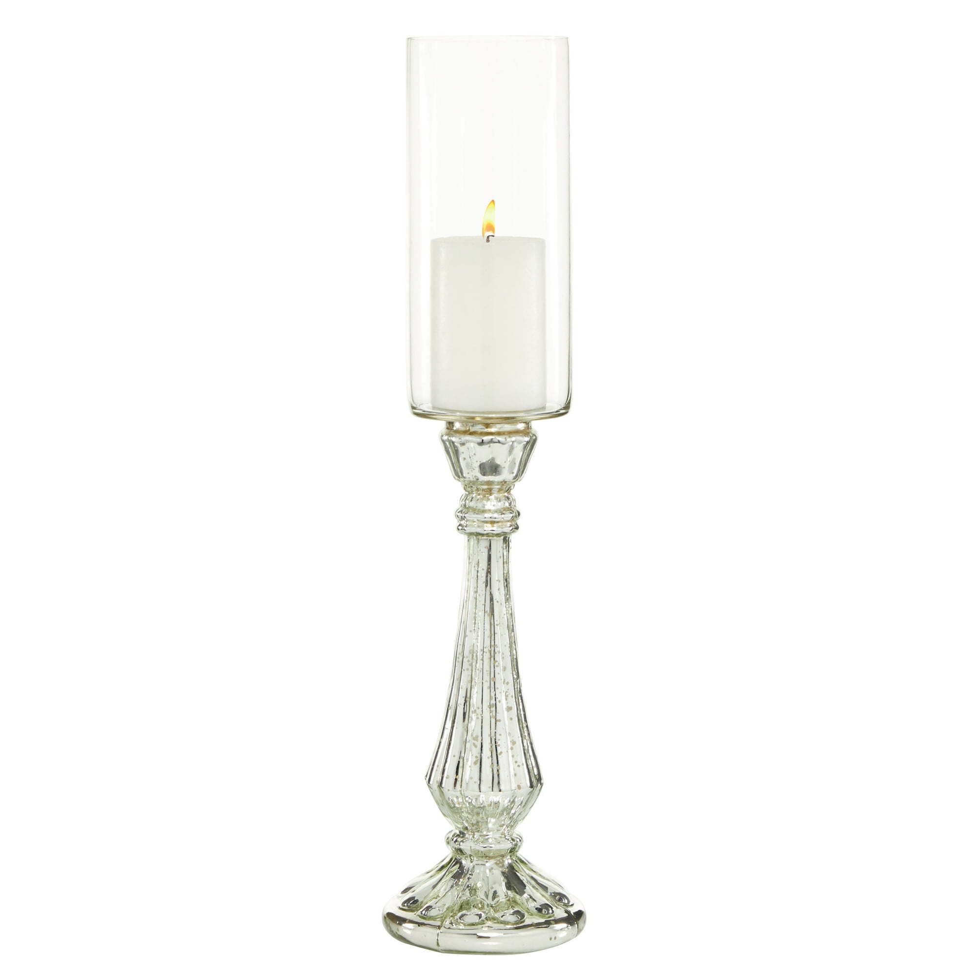 DecMode Silver Glass Handmade Turned Style Pillar Hurricane Lamp with Faux Mercury Glass Finish