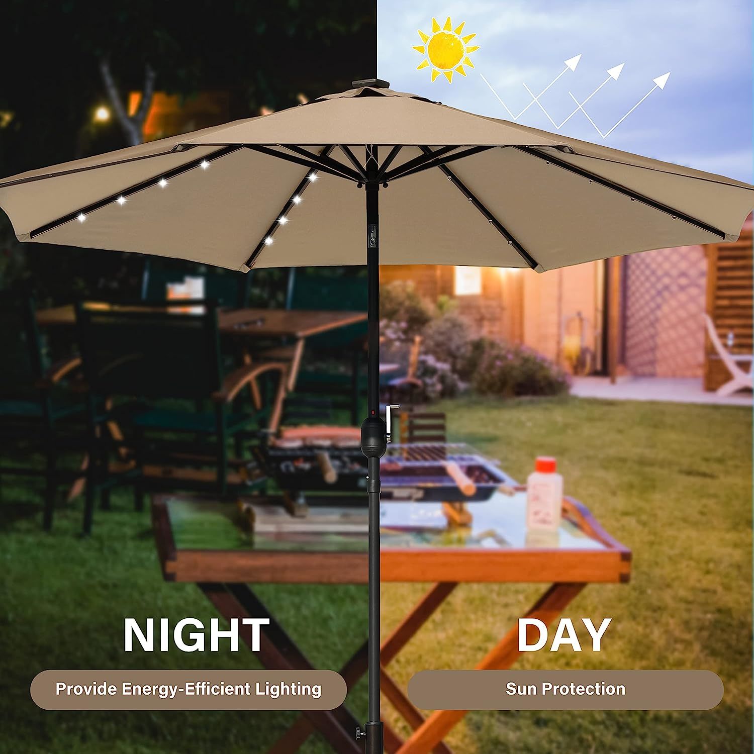 9' Solar Umbrella 32 LED Lighted Patio Umbrella Table Market Umbrella with Push Button Tilt/Crank Outdoor Umbrella for Garden, Deck, Backyard and Pool, Tan