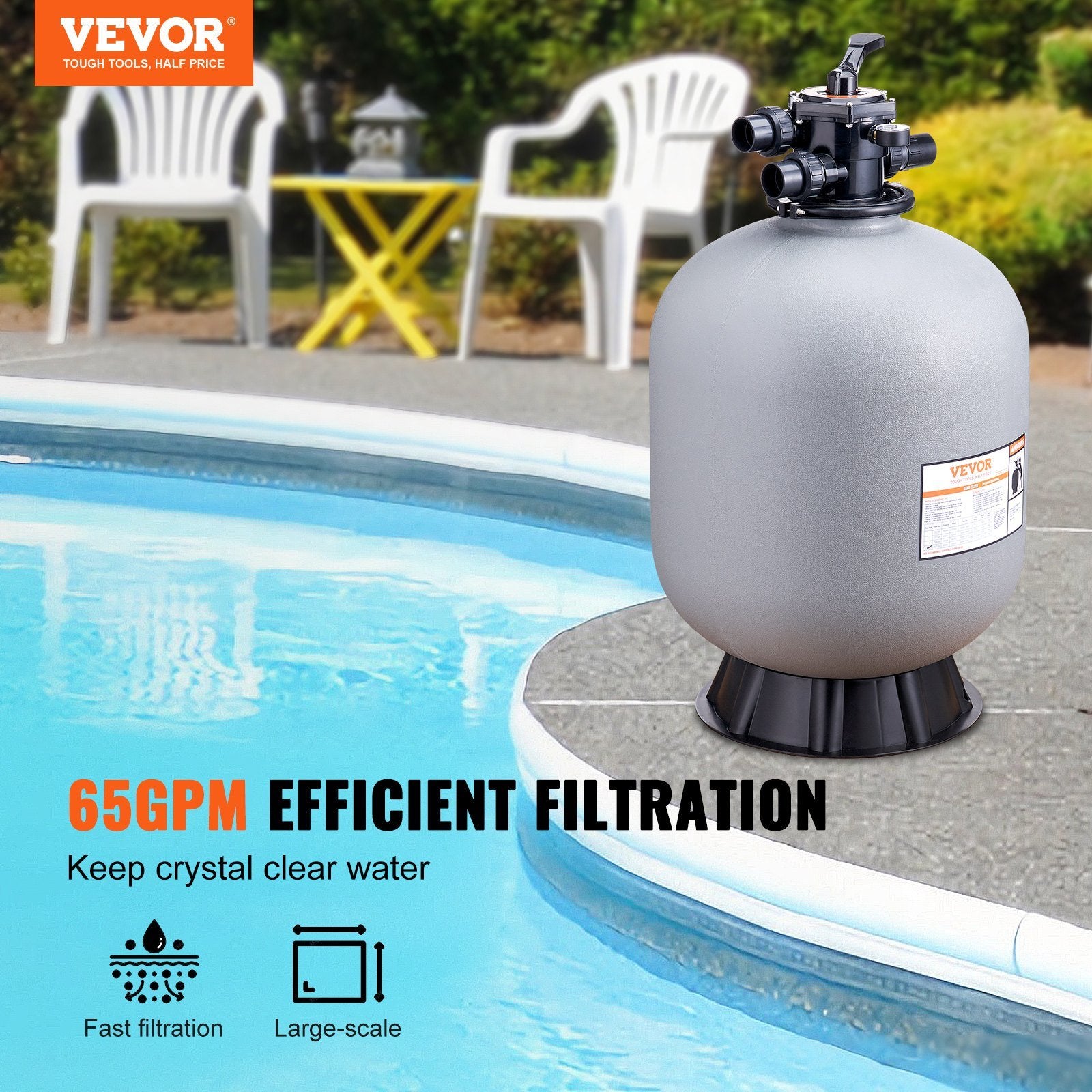 VEVOR Sand Filter, 22-inch, Up to 55 GPM Flow Rate, Above Inground Swimming Pool Sand Filter System with 7-Way Multi-Port Valve, Filter, Backwash, Rinse, Recirculate, Waste, Winter, Closed Functions