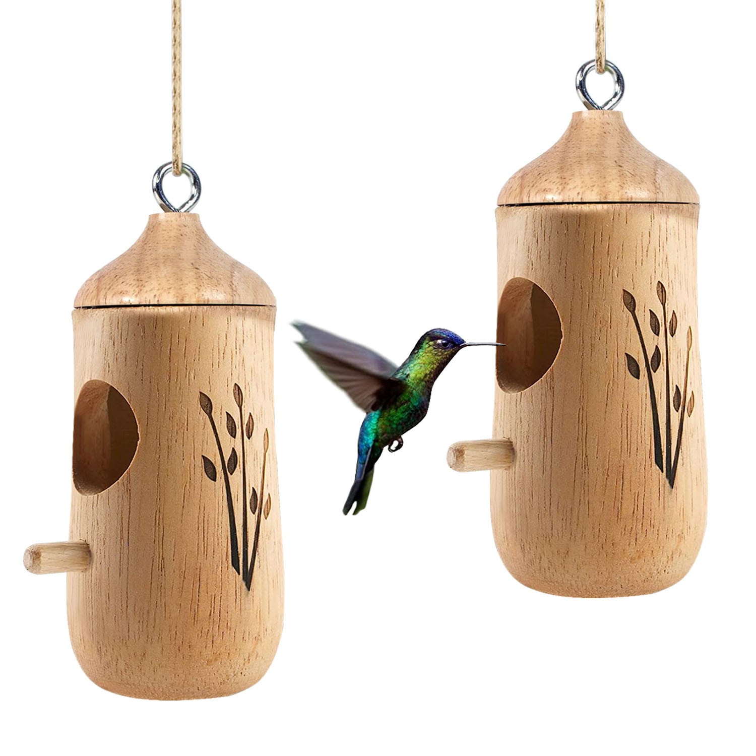 2 Packs Humming Bird Houses for Outside Wooden Hanging Bird Nest Feeder Hand Patio Garden Craft Ornament Decoration