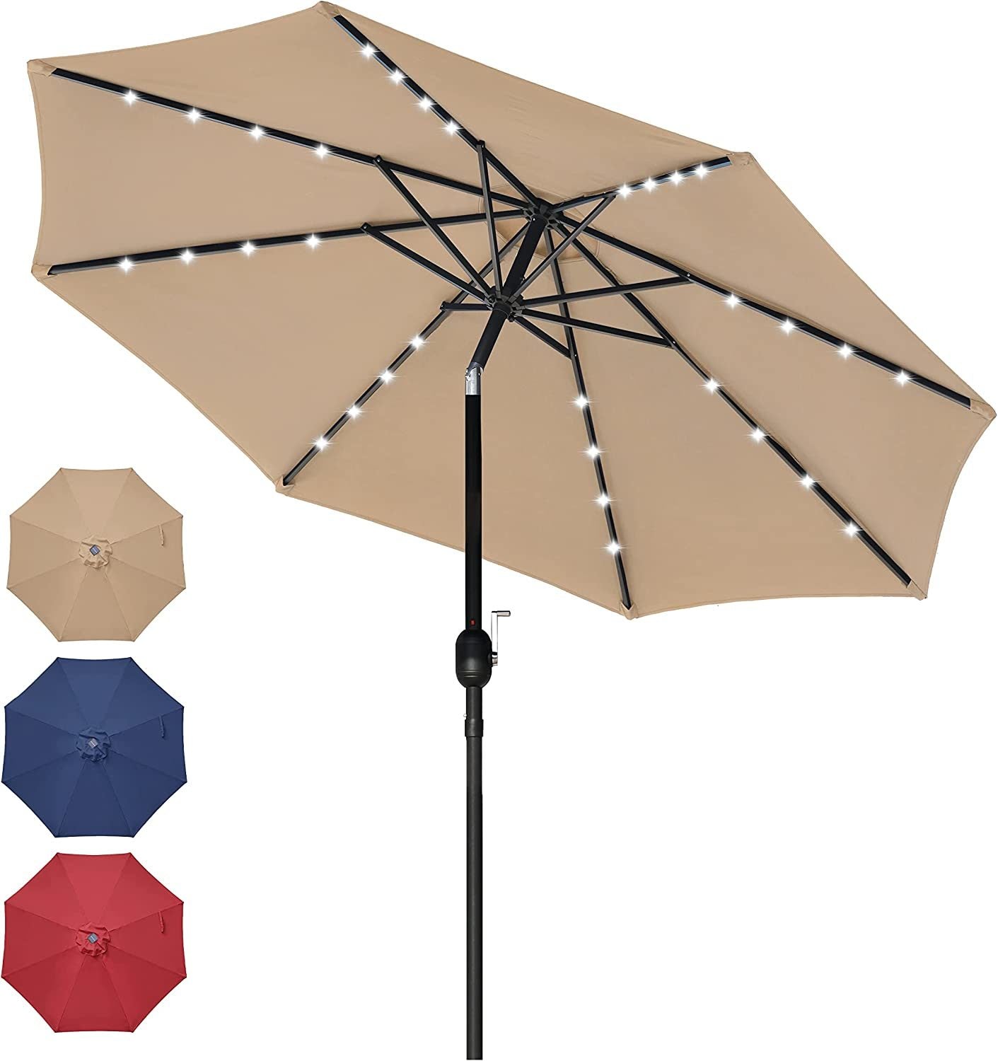 9' Solar Umbrella 32 LED Lighted Patio Umbrella Table Market Umbrella with Push Button Tilt/Crank Outdoor Umbrella for Garden, Deck, Backyard and Pool, Tan