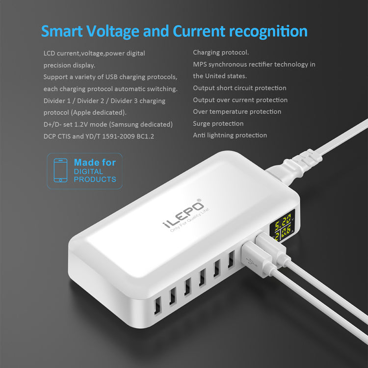 8 Port USB Charger 8A 40W Desktop Charging Station Hub with Quick Charge 3.0 USB Port & LCD Display Compatible to Different Devices