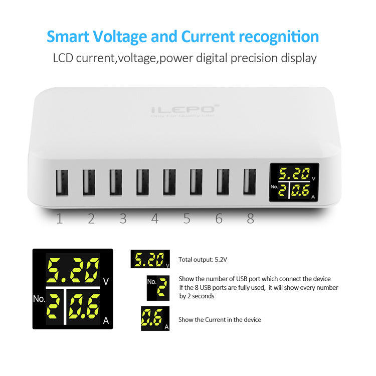 8 Port USB Charger 8A 40W Desktop Charging Station Hub with Quick Charge 3.0 USB Port & LCD Display Compatible to Different Devices