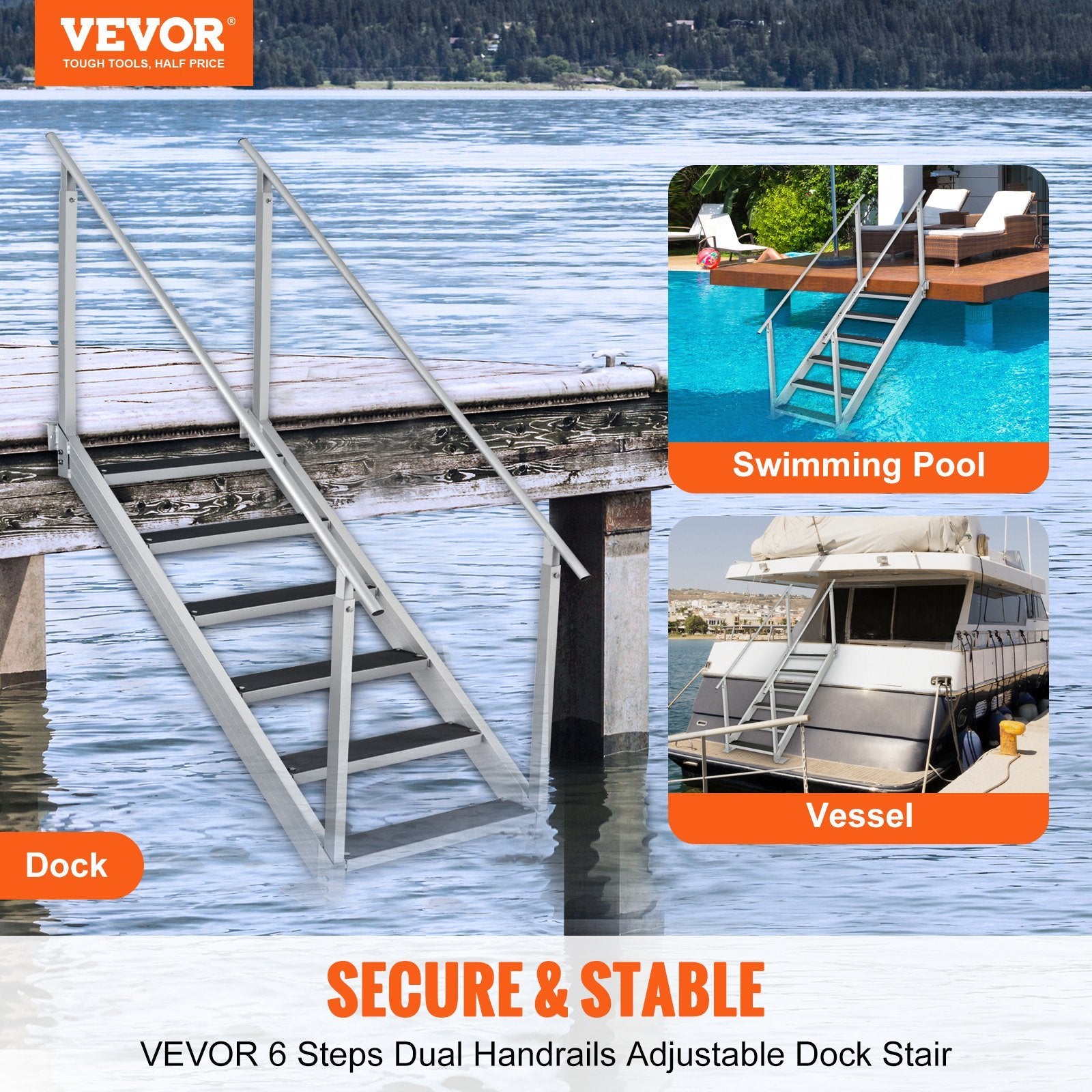 VEVOR Dock Ladder, Adjustable Height, 500 lbs Load Capacity, Aluminum Alloy Steps Pontoon Boat Ladder with Dual Handrails & Nonslip Rubber Mat, Ideal for Ship/Lake/Pool/Marine Boarding