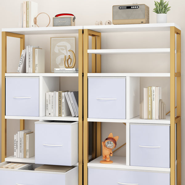 5 layers with 4 drawers bookshelf particle board iron frame non-woven fabric 60*30*147cm gold frame white plate