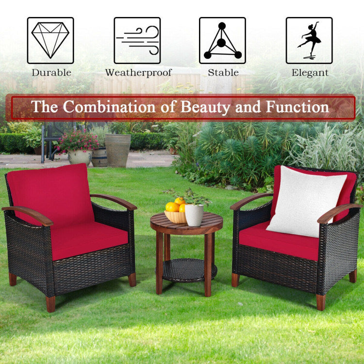 3 Pieces Patio Rattan Furniture Set with Washable Cushion and Acacia Wood Tabletop