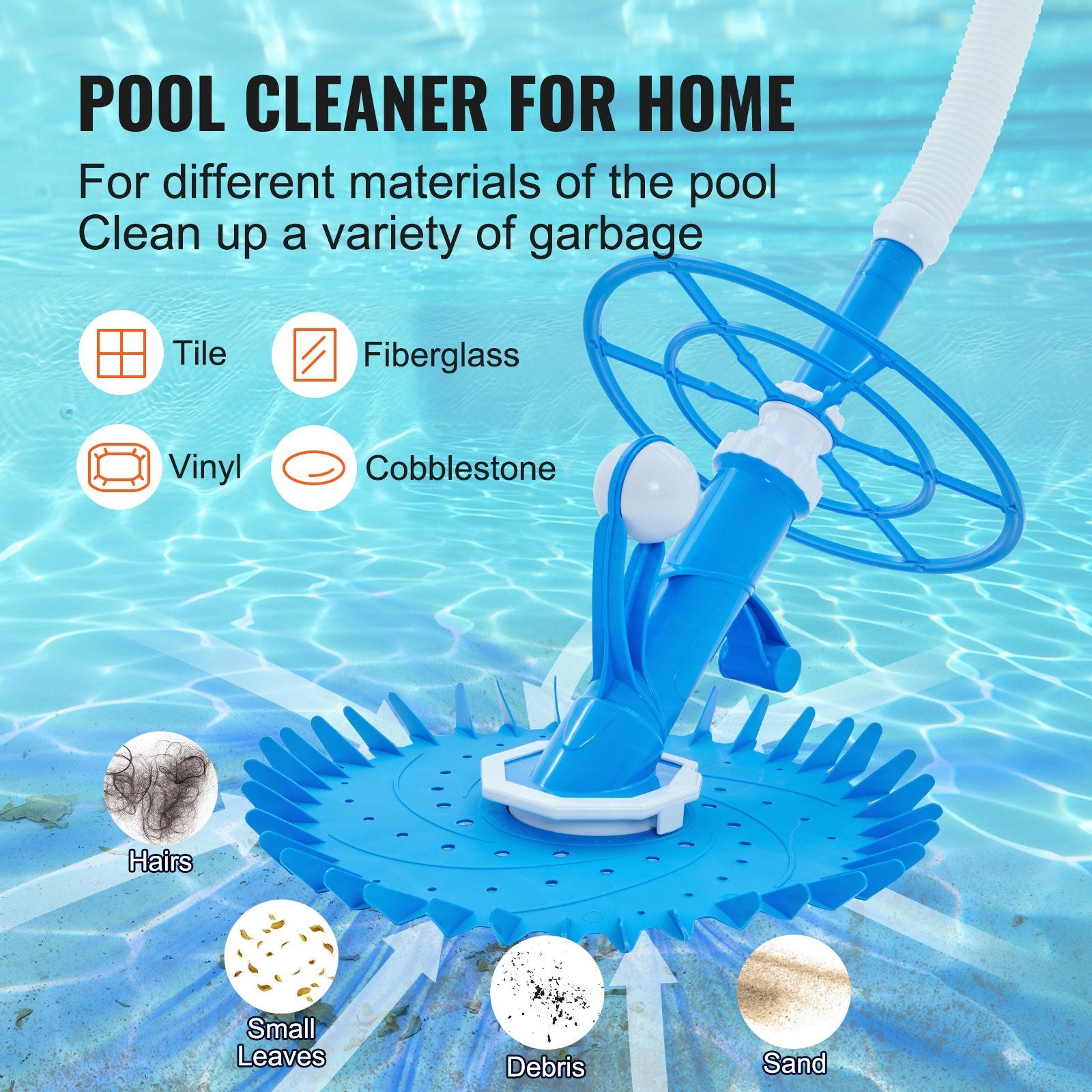 VEVOR Automatic Suction Pool Cleaner, Low Noise Pool Vacuum Cleaner with Extra Diaphragm, 10 x 32 in Hoses & 36-Fin Disc, Side Climbing Pool Cleaners for Above-Ground & In-ground Swimming Pool