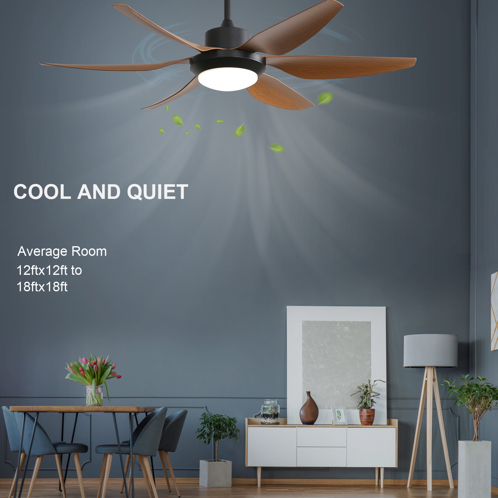 54 Inch Indoor Ceiling Fan With Dimmable Led Light 5 ABS Blades Remote Control Reversible DC Motor Black For Living Room