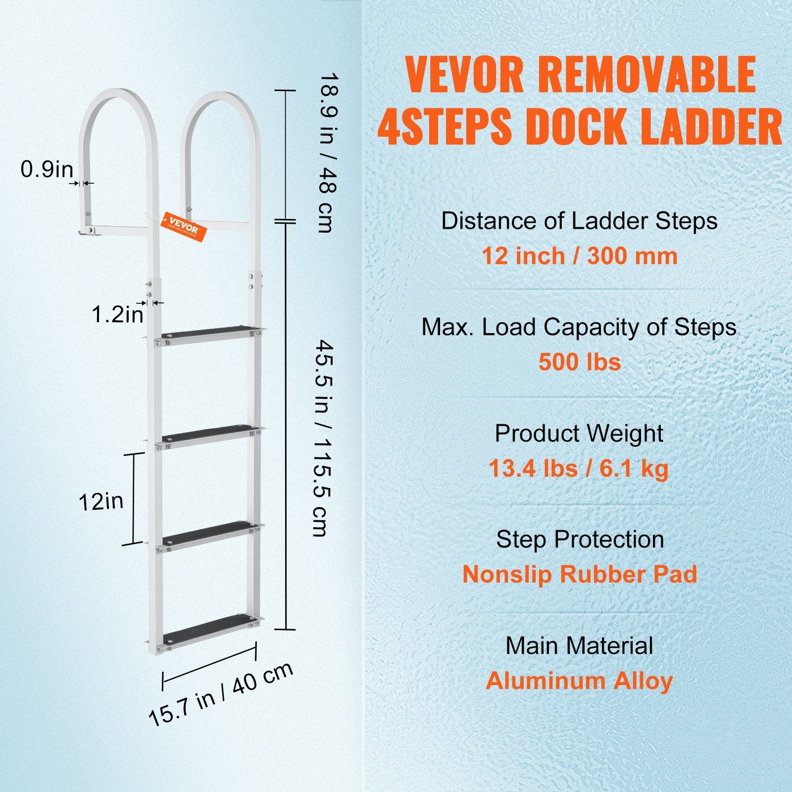 VEVOR Dock Ladder, Removable 4 Steps, 500 lbs Load Capacity, Aluminum Alloy Pontoon Boat Ladder with 3.1'' Wide Step & Nonslip Rubber Mat, Easy to Install for Ship/Lake/Pool/Marine Boarding