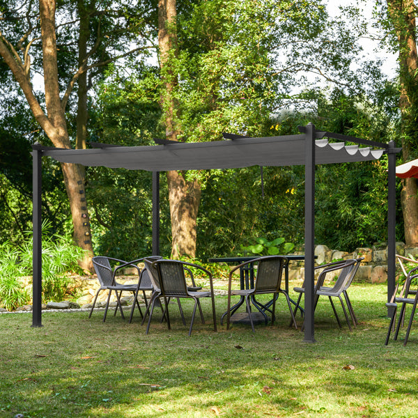 395*300*245cm Dark Gray Columns, Dark Gray Adjustable Polyester Shade Cloth, 5 Beams, Wrought Iron Gazebo