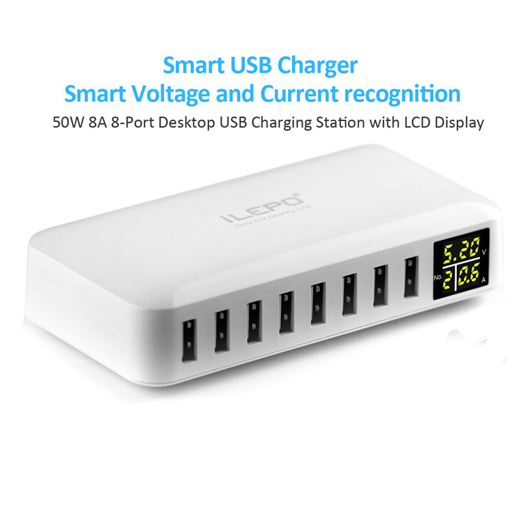 8 Port USB Charger 8A 40W Desktop Charging Station Hub with Quick Charge 3.0 USB Port & LCD Display Compatible to Different Devices