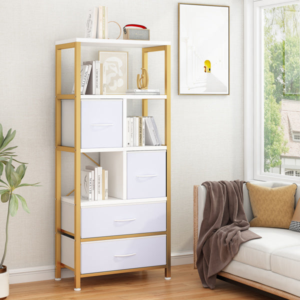 5 layers with 4 drawers bookshelf particle board iron frame non-woven fabric 60*30*147cm gold frame white plate